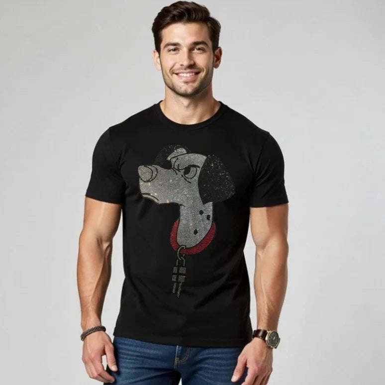 New Men Luxury Dog Rhinestones Fashion Black White T-Shirt High Quality