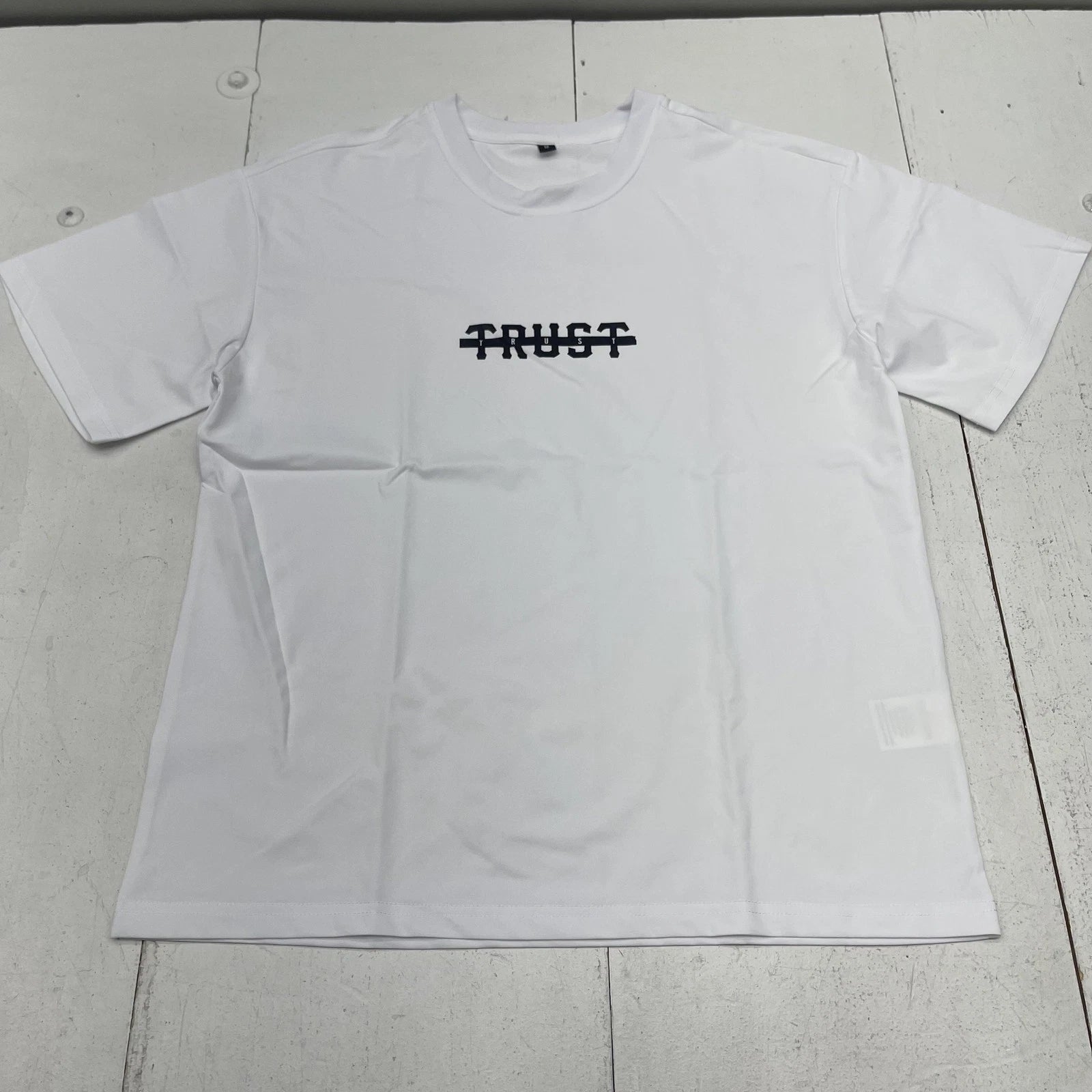 Trust Graphic Shirt Mens Medium White Short Sleeve Strikethrough Streetwear