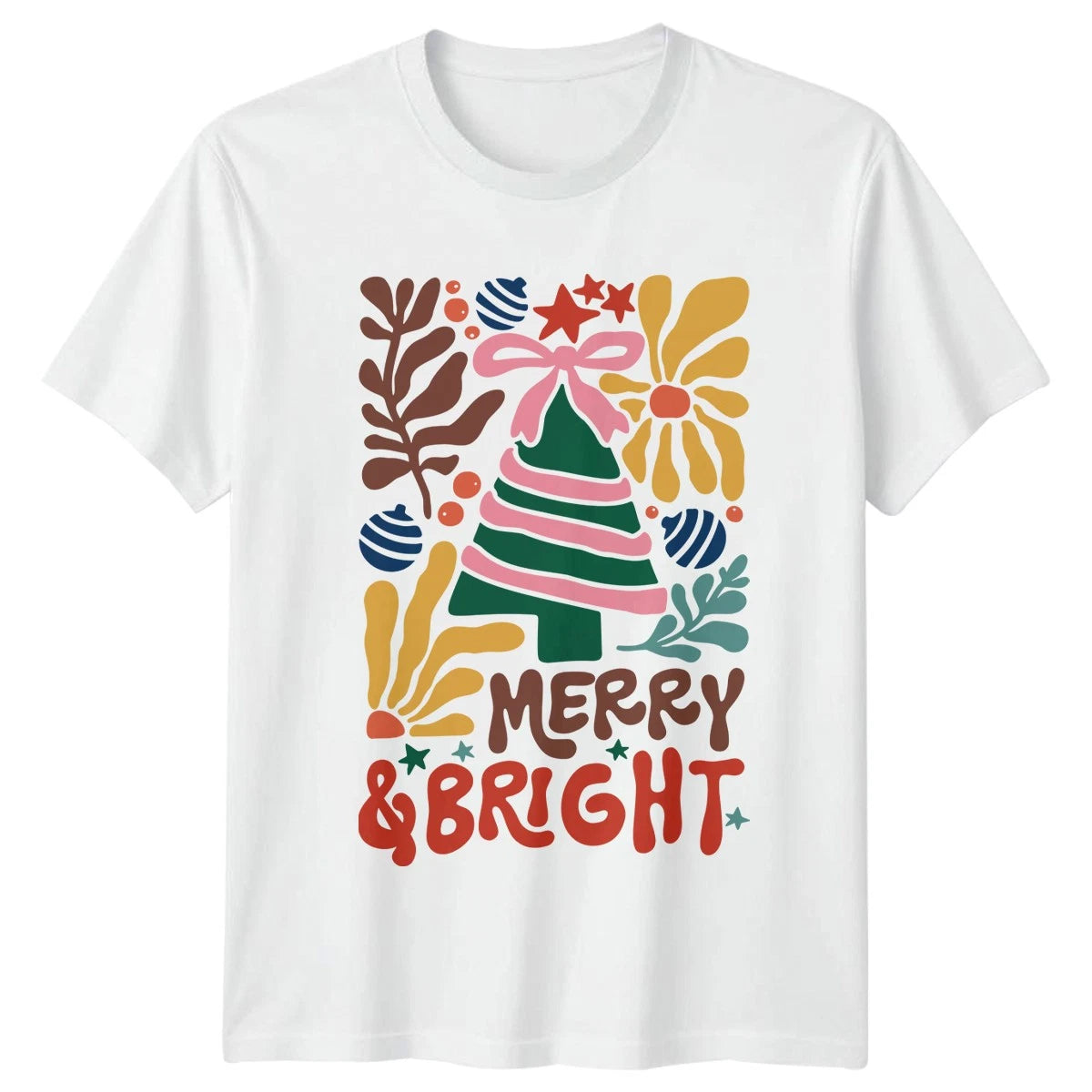 Merry & Bright Christmas Tree Ornaments Holidays Mens Womens Graphic Tee