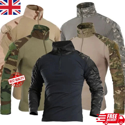 Mens Tactical Camo Combat Shirt Long Sleeve Outdoor Airsoft Top UK