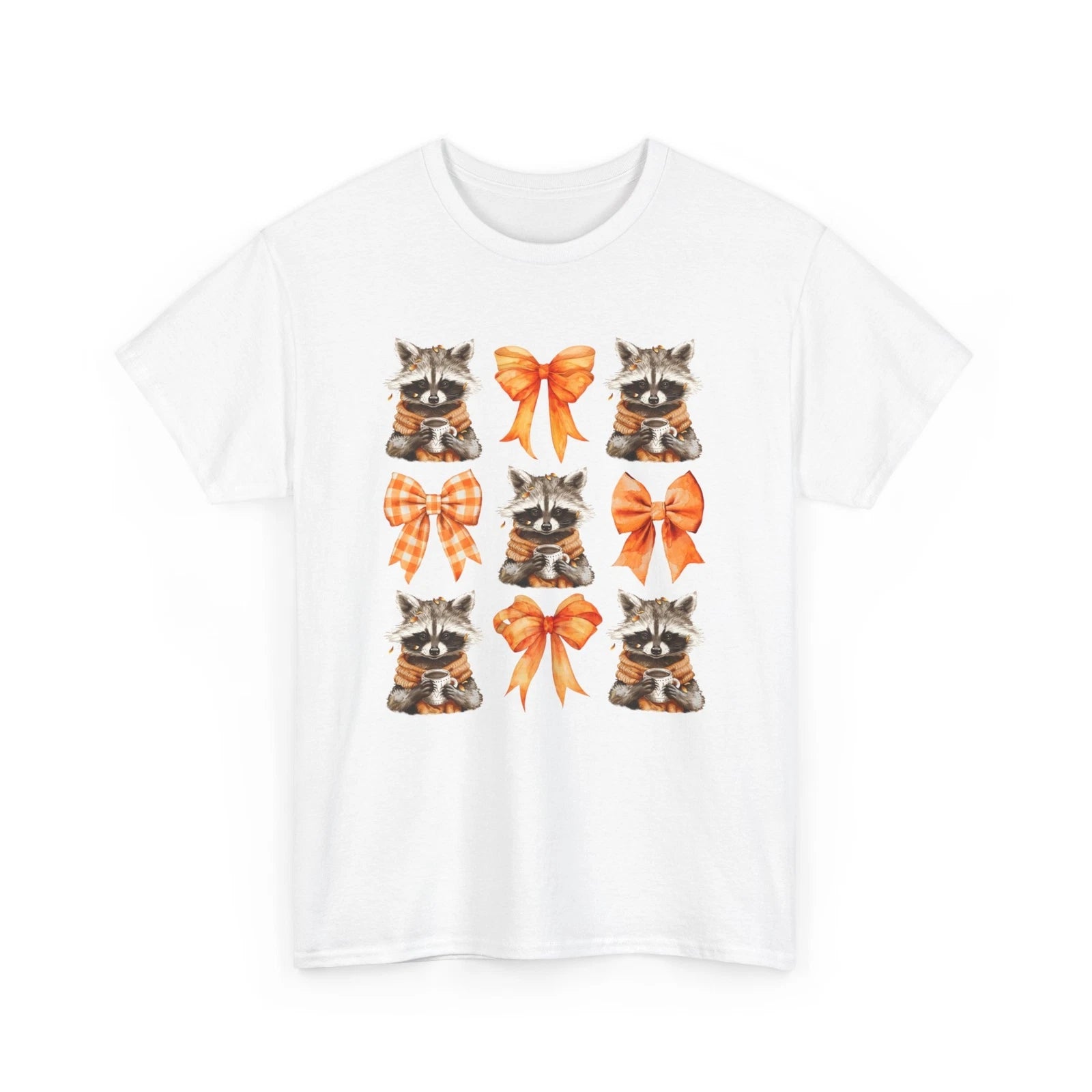 Cute Raccoon with Coffee and Bows T-Shirt - Adorable Autumn Design