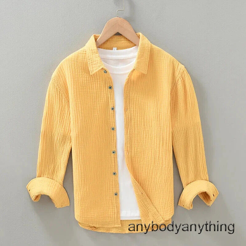 Men's Casual Crinkled Double Gauze Long Sleeve Shirt for Men Cotton Yarn Soft