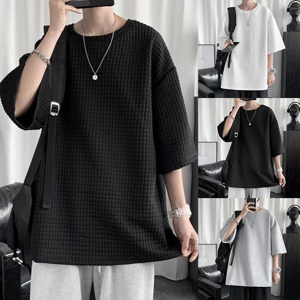 Trendsetting Korean Style Mens Casual Waffle Pullover Top Tee Oversized