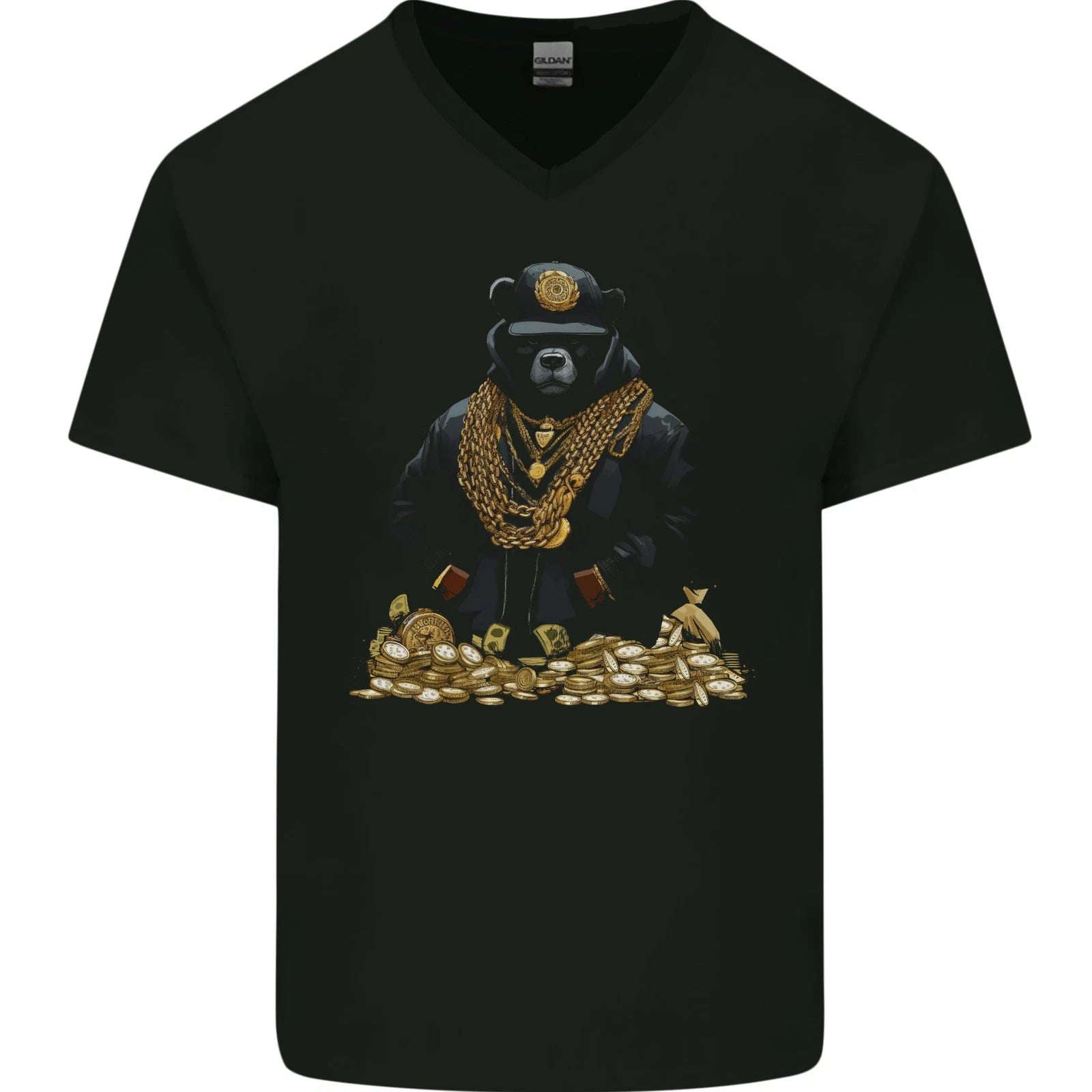 Money Bear Cash Hustle Mens V-Neck Cotton T-Shirt