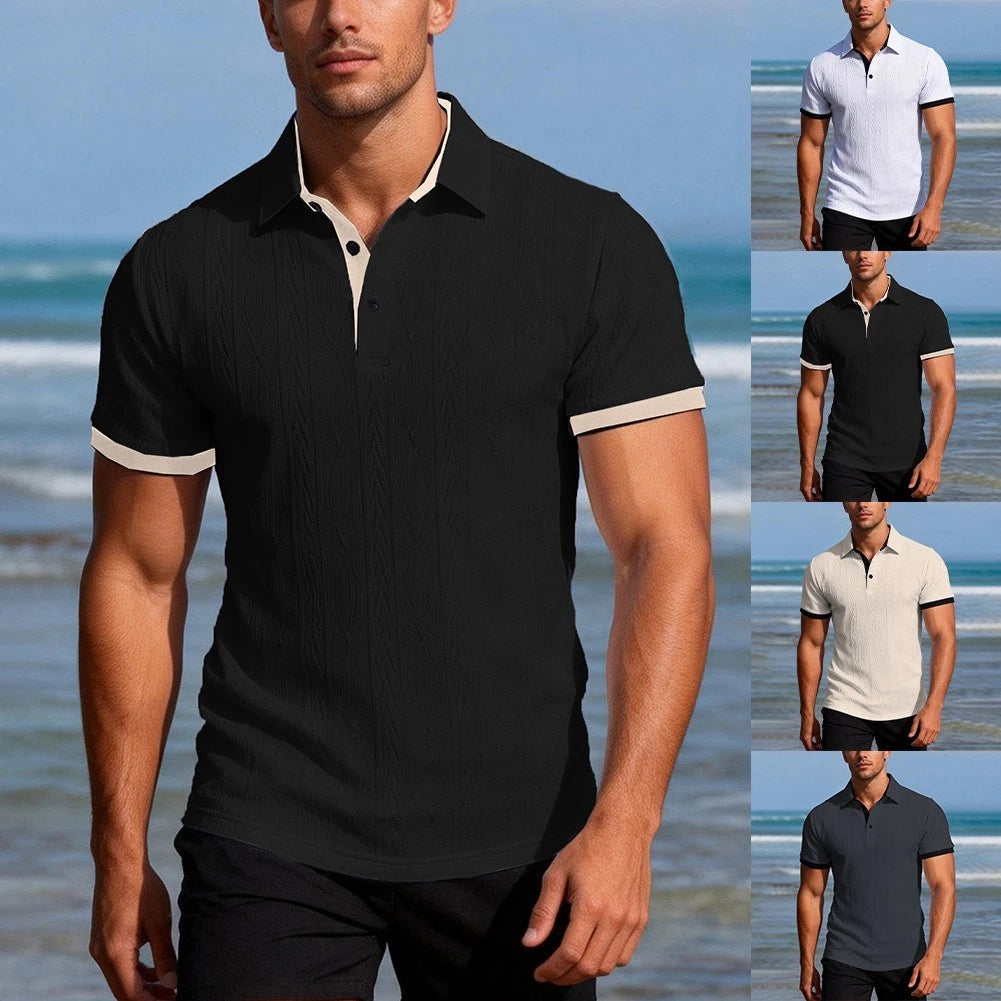 Jacquard Short Sleeve T-Shirt for Men Slim Fit Button Collar Casual Style