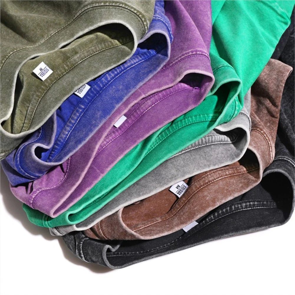 Men's Short Sleeve Cotton T Shirt Retro Washed Loose Fit for Street Style