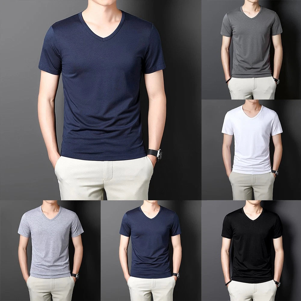 Mens Slim Fit V Neck Short Sleeve Tee Casual Solid Color Pullover Shirt