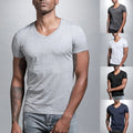 Regular Length Men V-neck T-shirt Plus Size Tee Solid Color V-neck Tight Fit