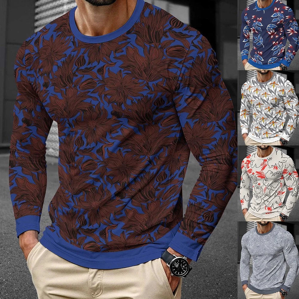 Men 3D Print Long Sleeve Round Neck Pullover T Shirt Street Casual Top