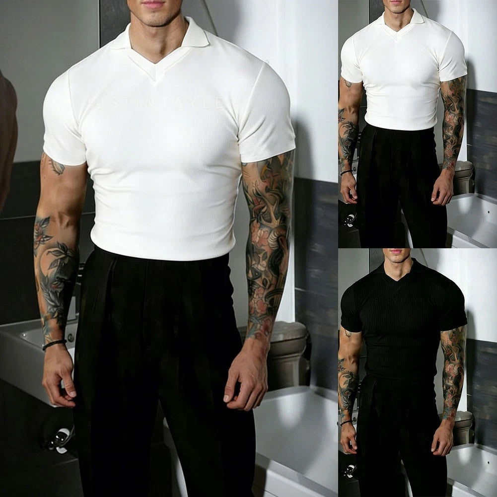 Short Sleeve Men's Casual Shirt Slim Fit with Lapel and Turn Down Collar
