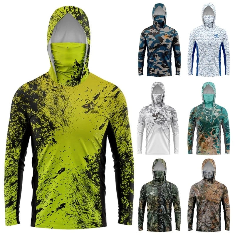 Men s Printed Hooded Fishing Shirt with Build-in Face Gaiter Fashionable