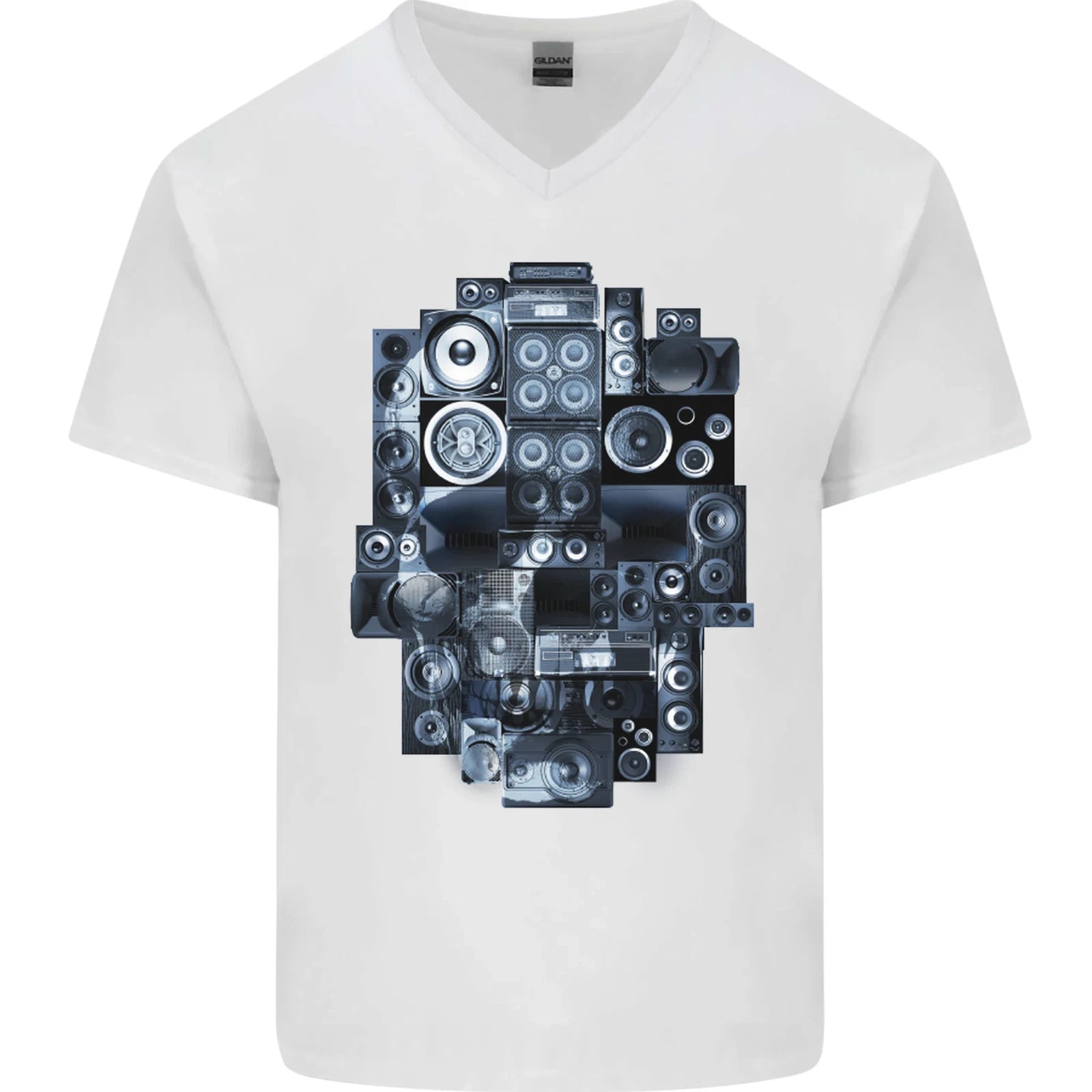Speaker Skull Music Hi-Fi Mens V-Neck Cotton T-Shirt