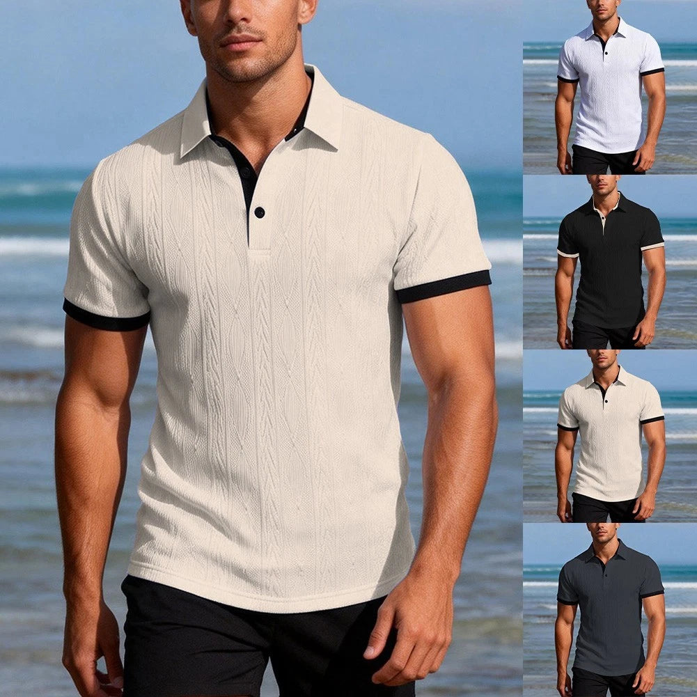 Jacquard Pattern Short Sleeve T-Shirt Slim Fit for Men Button Collar Top