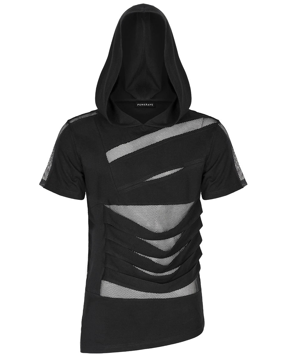 Punk Rave Mens Gothic Punk Shredded Mesh Inset Hooded T Shirt Top