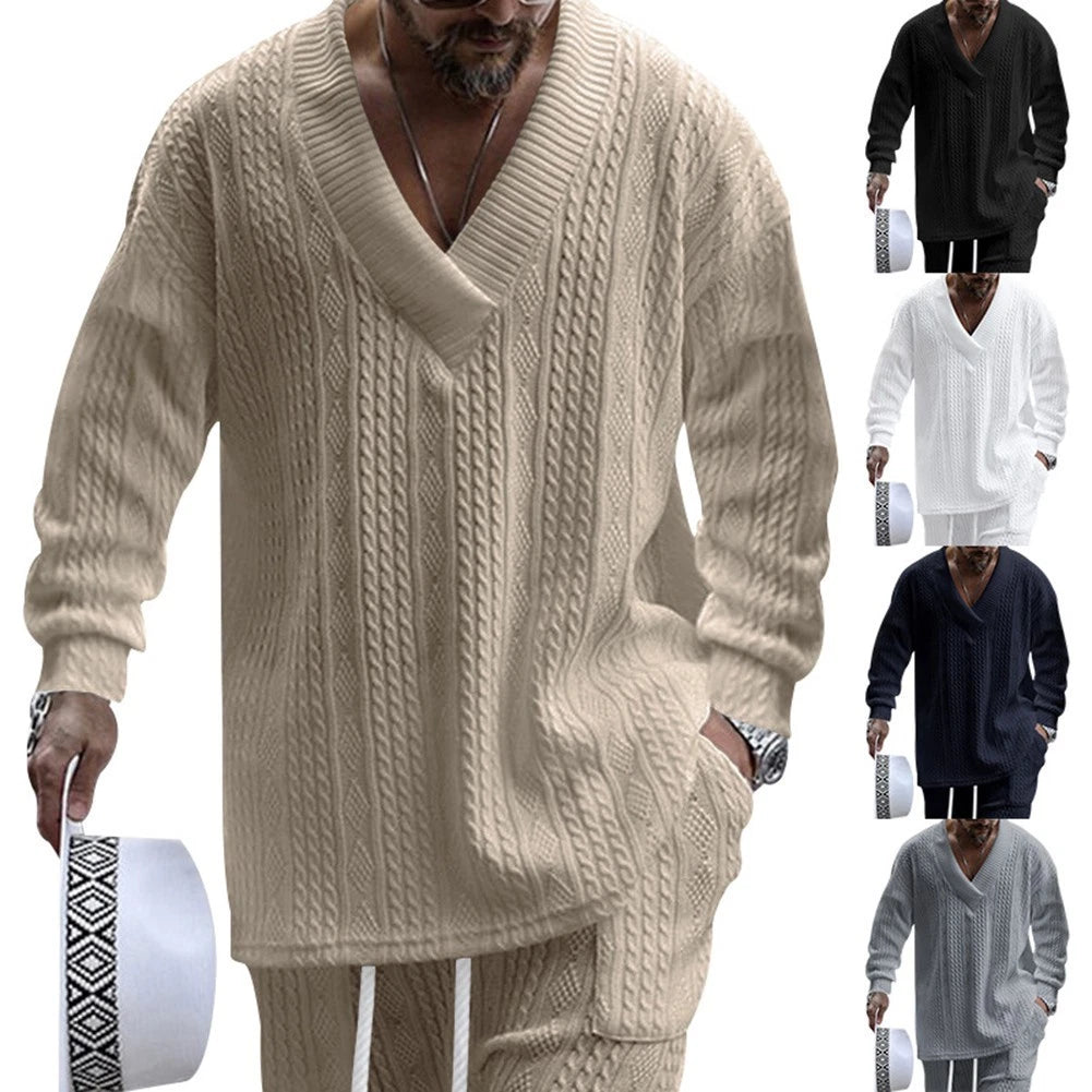 Casual Mens V Collar Long Sleeve Loose Fit Jacquard Knit Top for Daily Wear