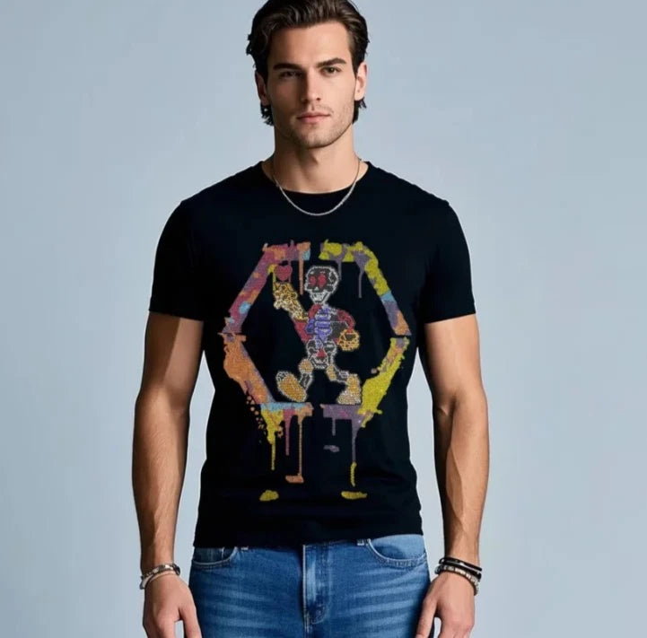 New Men Luxury Skull Rhinestones Fashion Diamond Black T-Shirt High Quality
