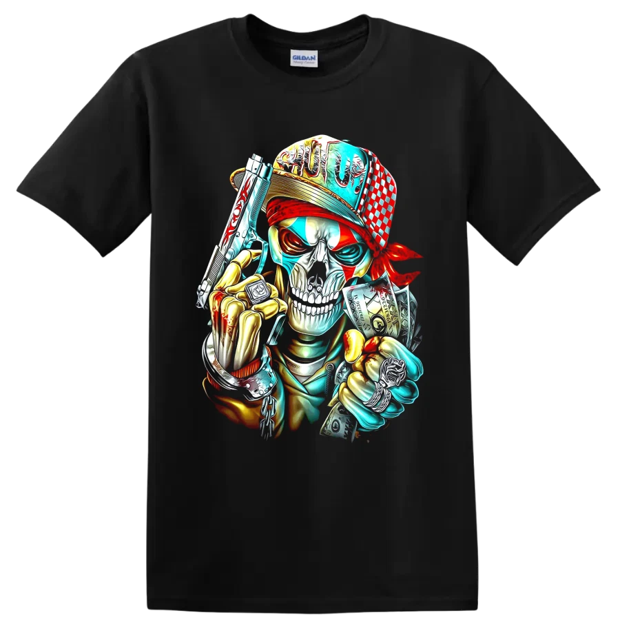 Skeleton Gangster T Shirt Street Art Skull w/ Cash Chains Hip Hop Graphic Tee