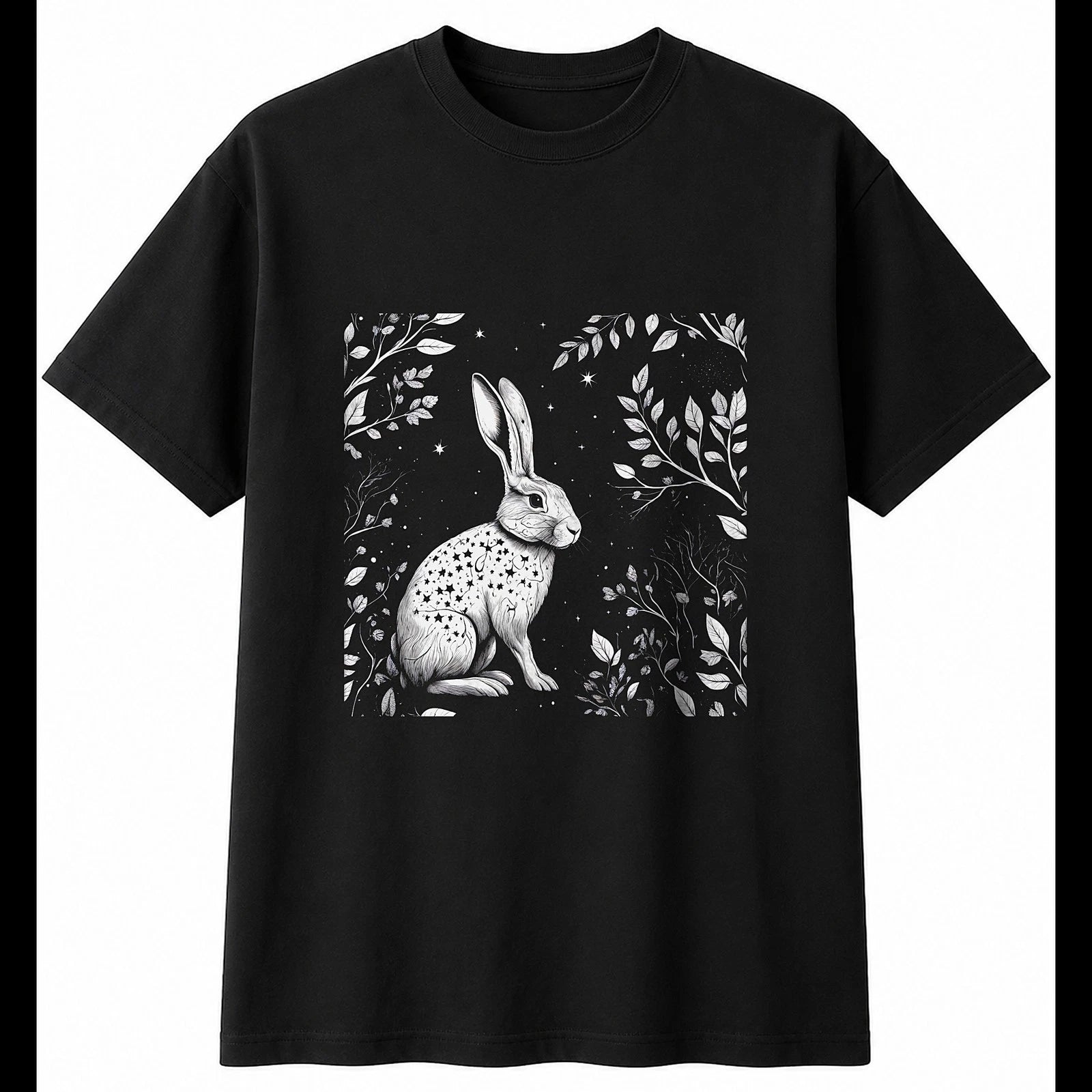 Botanical Flemish Giant Rabbit Under the Stars Mens T-Shirt Cute Black Unisex