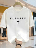 Men's Blessed Faith Cross T-Shirt Religious Graphic Crew Neck Gym Casual Tee