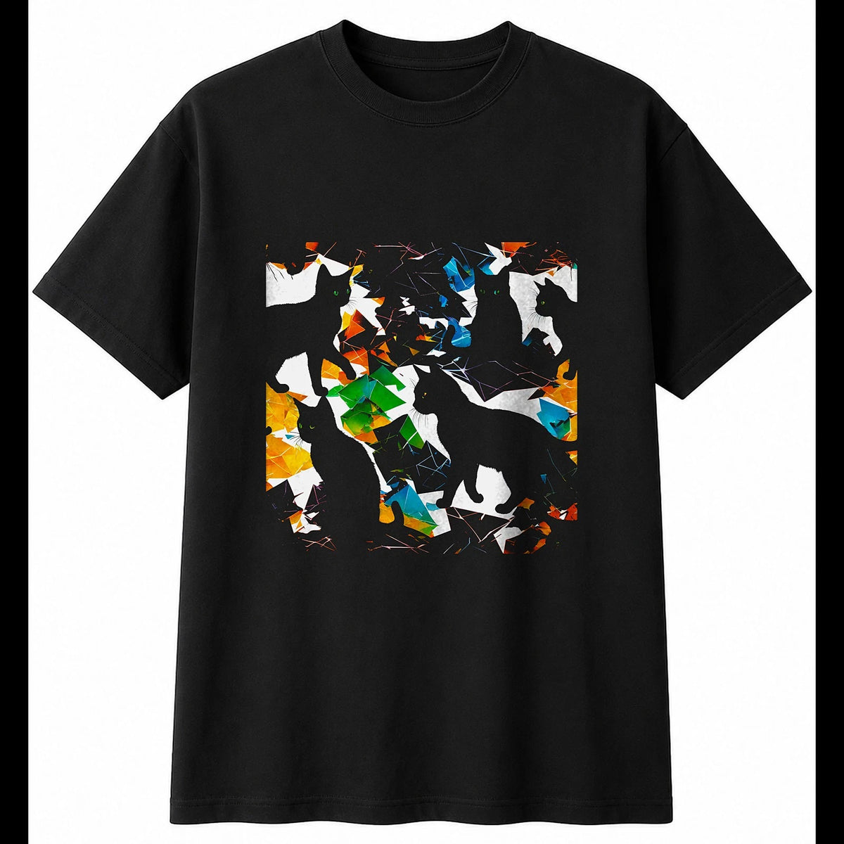 Double Exposure Kitten Shattered Cat Mens T-Shirt Black 100% Cotton Kawaii