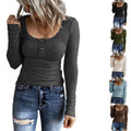 Female Long Sleeves Women Casual Shirts Slim-Fit Button V-Neck T-shirt