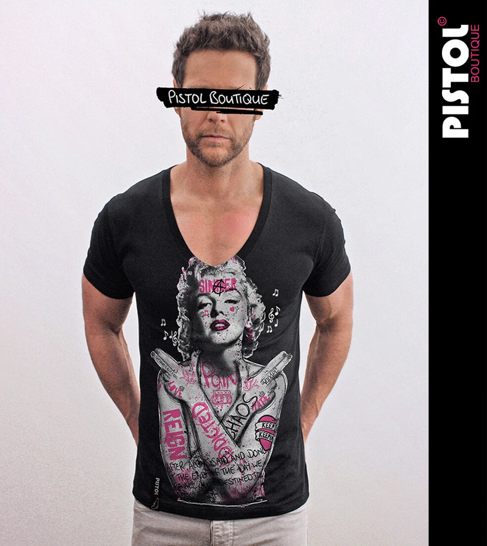 Pistol Boutique Men's Fitted Black Deep V Neck TATTOO MARILYN MONROE T-shirt