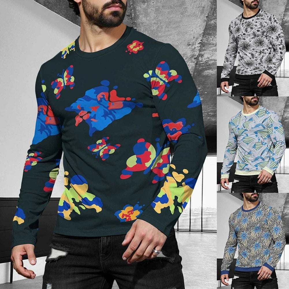 Mens Casual Street Style 3D Print Pullover Long Sleeve Round Neck Tshirt