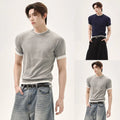 Men Slim Fit Short Sleeve Knit T Shirt with Splicing Design Blue or Gray