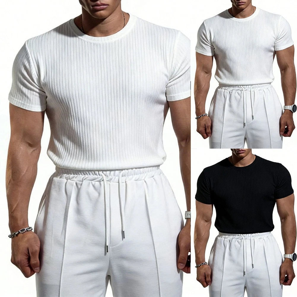 Ribbed Texture Crew Neck T-Shirt Men Slim Fit Short Sleeve for Training