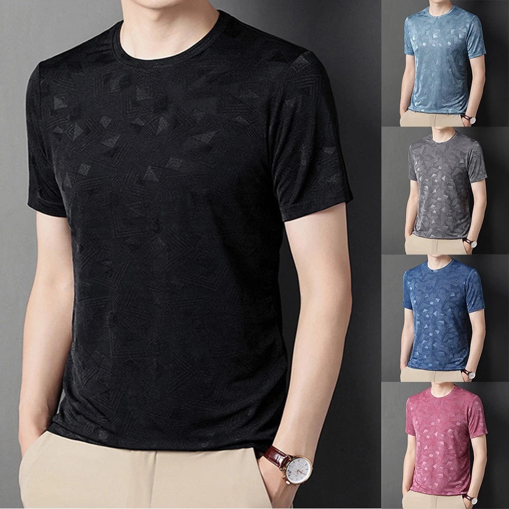 Men Short Sleeve Round Neck Slim Fit T-Shirt Lightweight Polyester Blend
