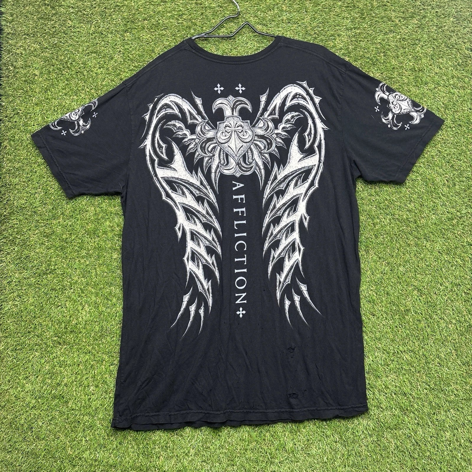 AFFLICTION y2k Shirt Mens 3XL Skull Cross Wings Live Fast Supertee Black 2000s