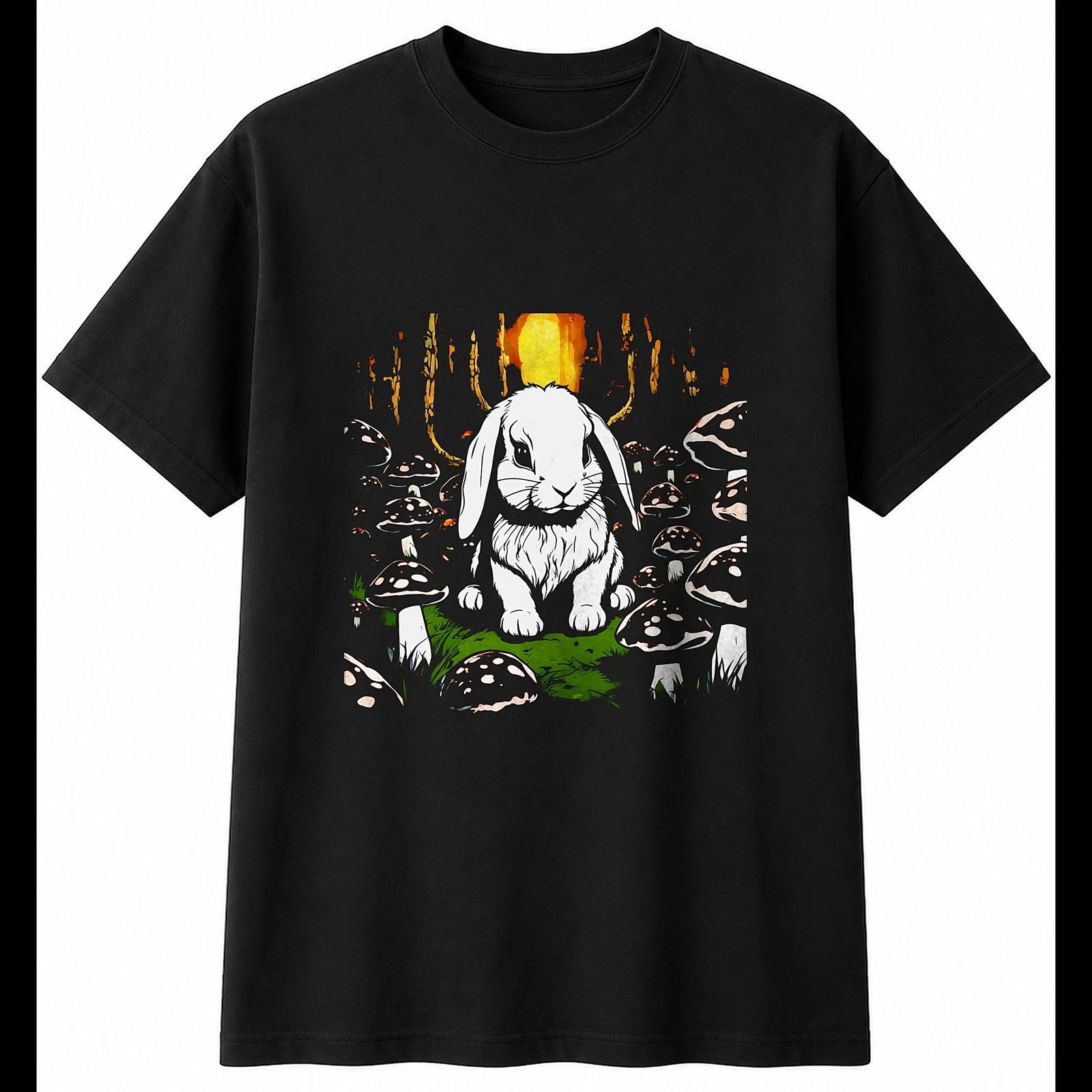 Lop Rabbit with Mushrooms Cute Mens T-Shirt Black 100% Cotton Graphic Tee Kawaii