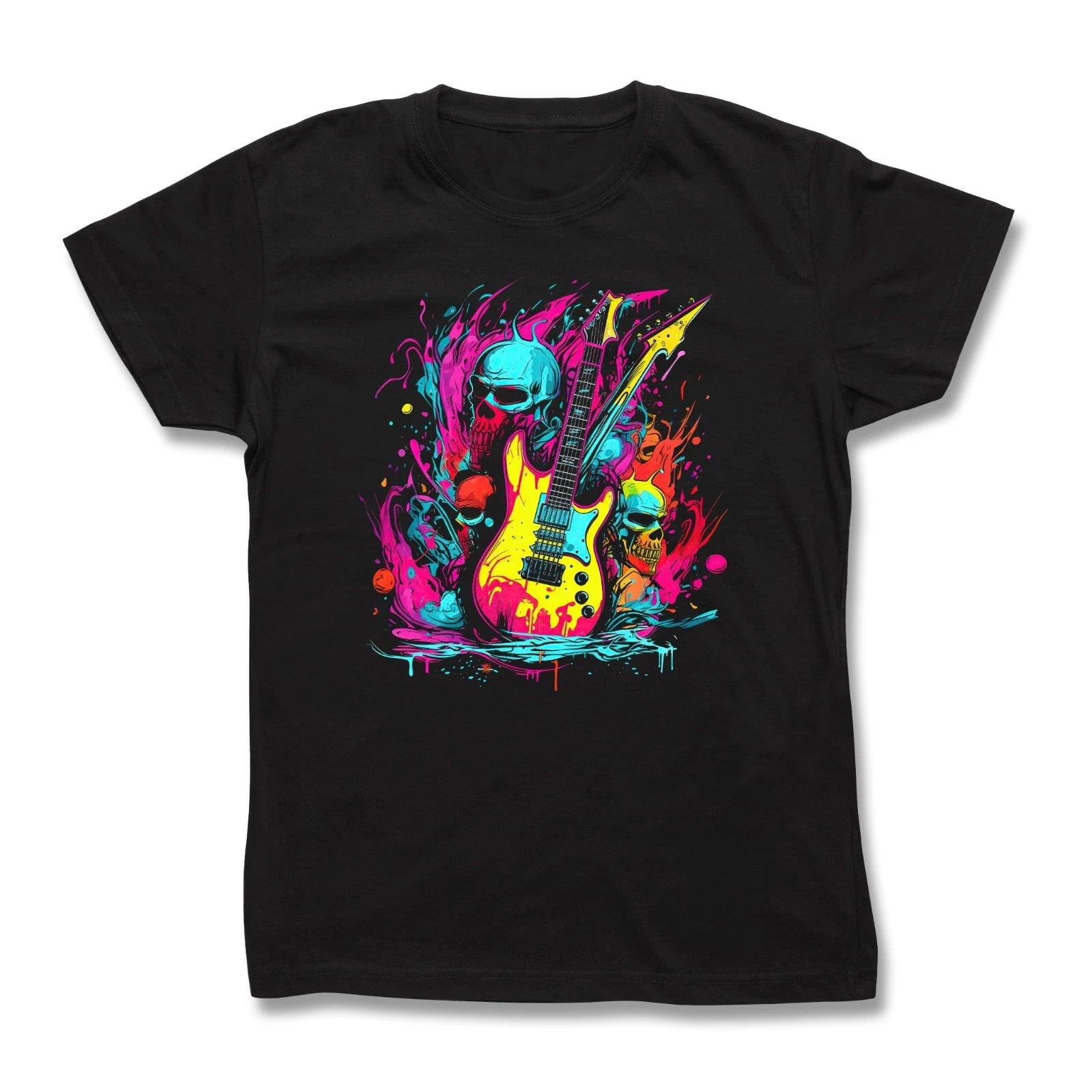 Neon style Skull Guitar T-Shirt Dripping Street Art Heavy Metal Rock Tattoo Tee