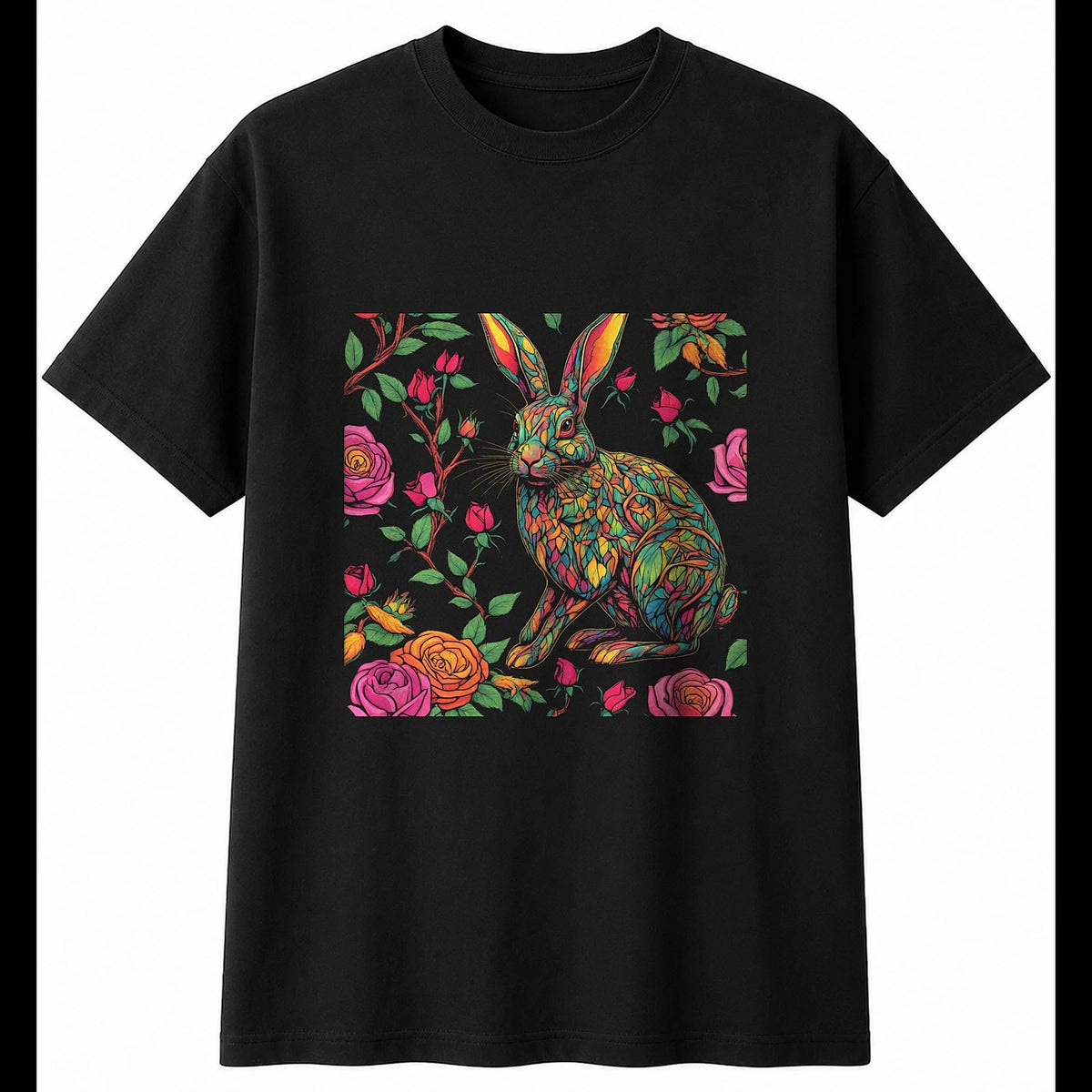 Colourful Flemish Giant Rabbit with Roses Cute Mens T-Shirt Black 100% Cotton