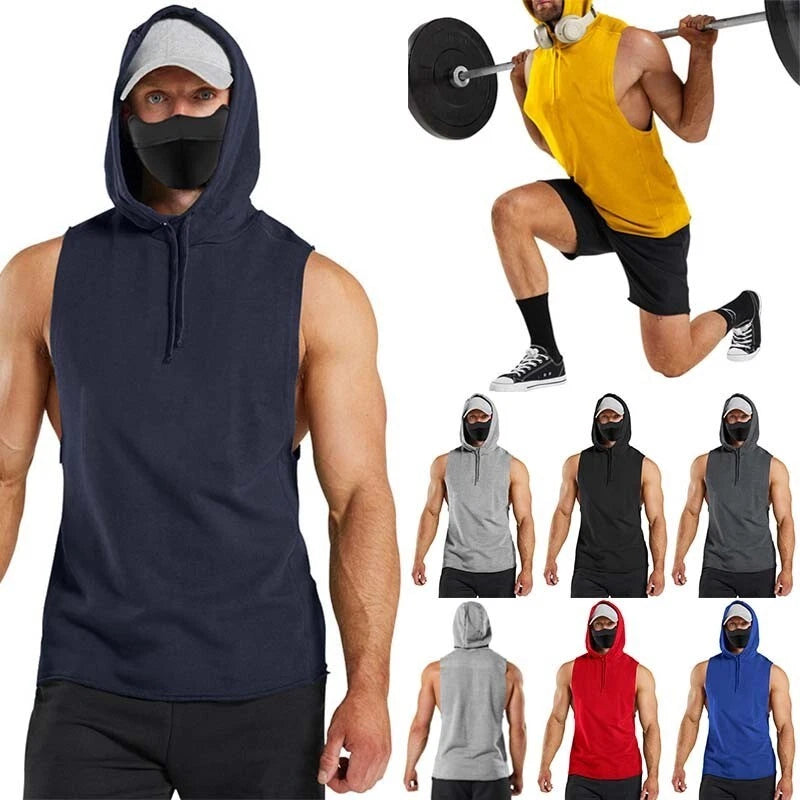 Men's Gym Sleeveless Hoodie Fitness Sports Muscle Hooded Vest T Shirt Tops Tank
