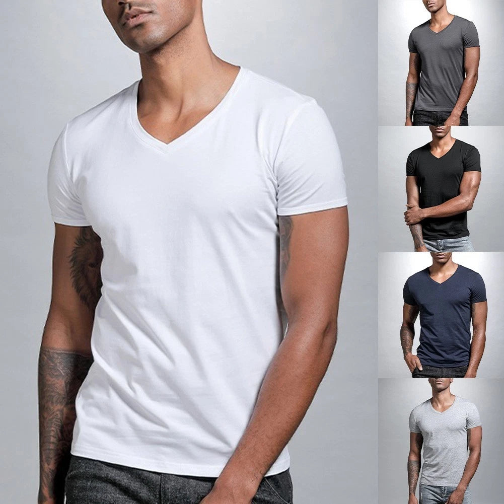 Men V-neck T-shirt Regular Length Solid Color V-neck Tight Fit Short Sleeve