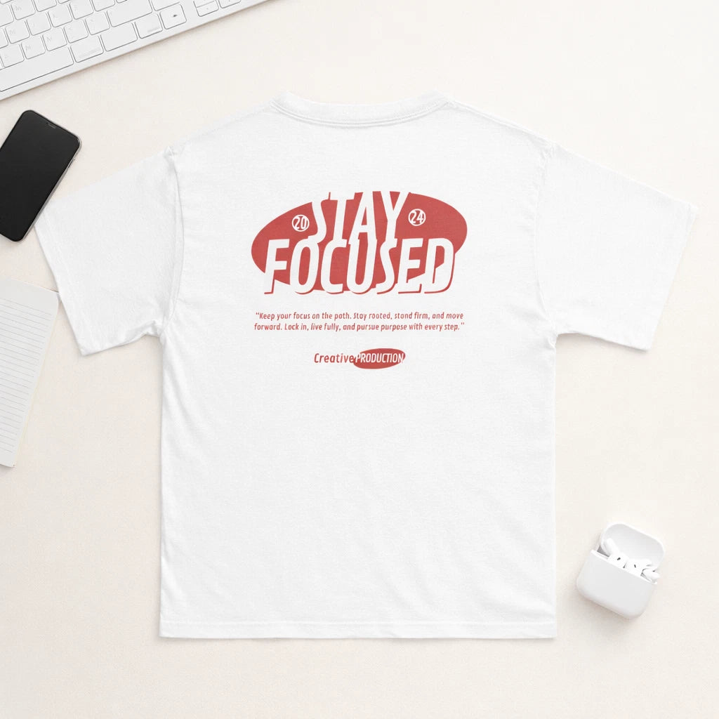 Stay Focused White Cotton T-Shirt Motivational Graphic Back Print Unisex Size S