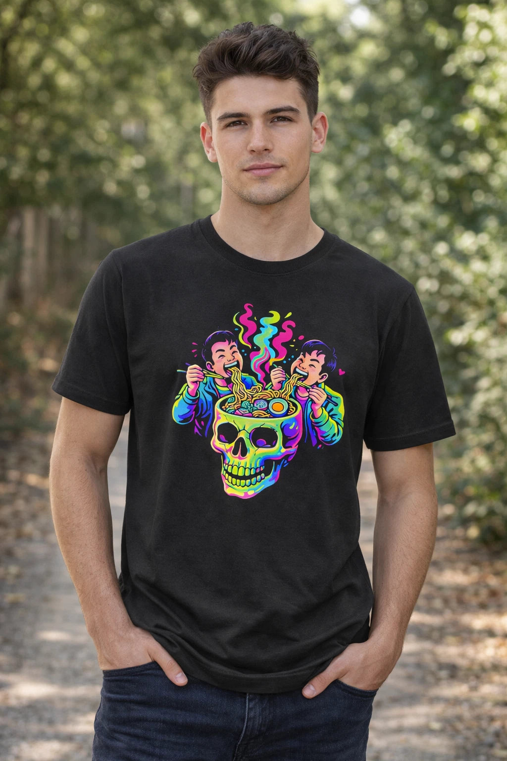 Psychedelic Ramen Skull T-Shirt | Neon Trippy Graphic Tee | Streetwear Art Shirt