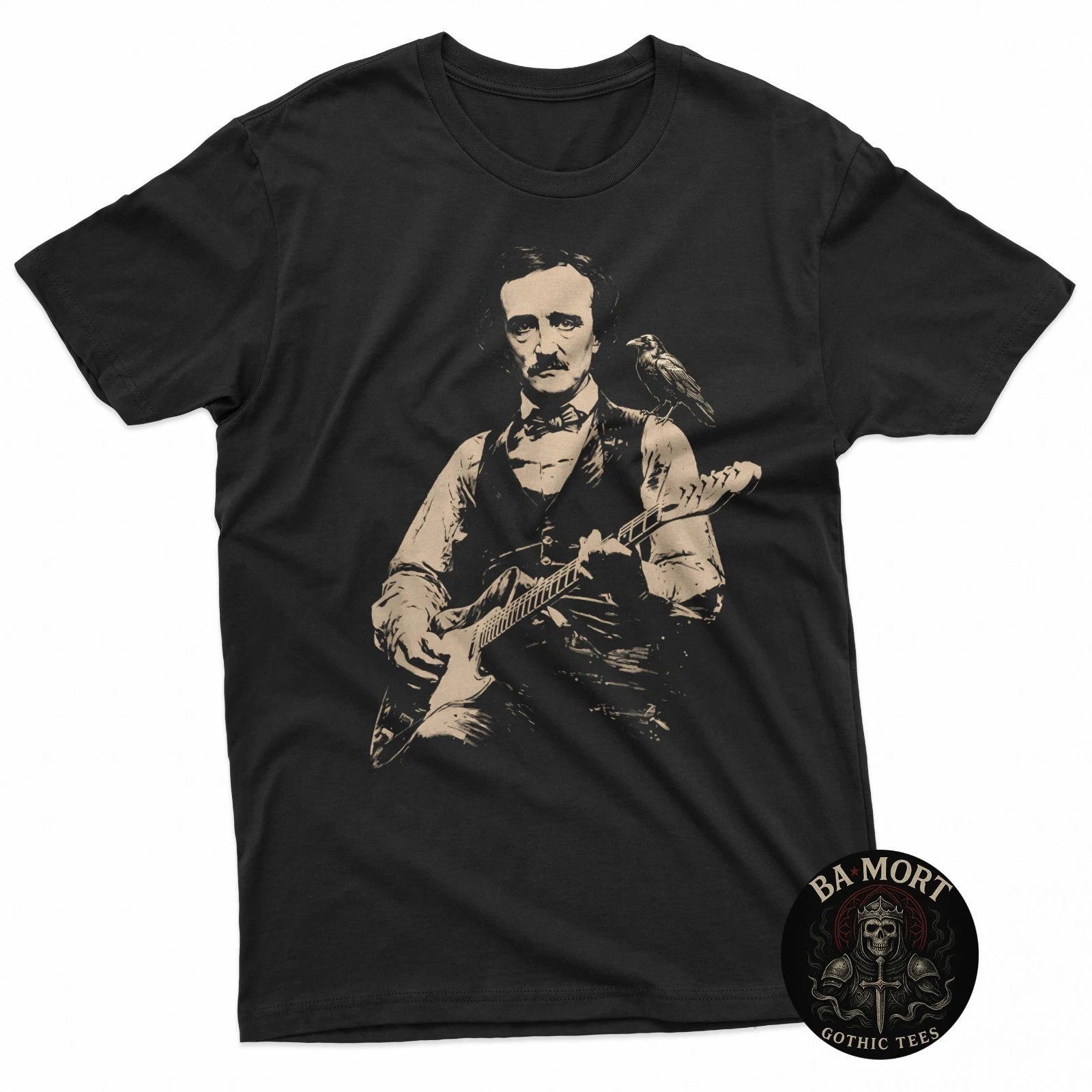 Edgar Allan Poe Playing Electric Guitar Raven Gothic Graphic T-Shirt
