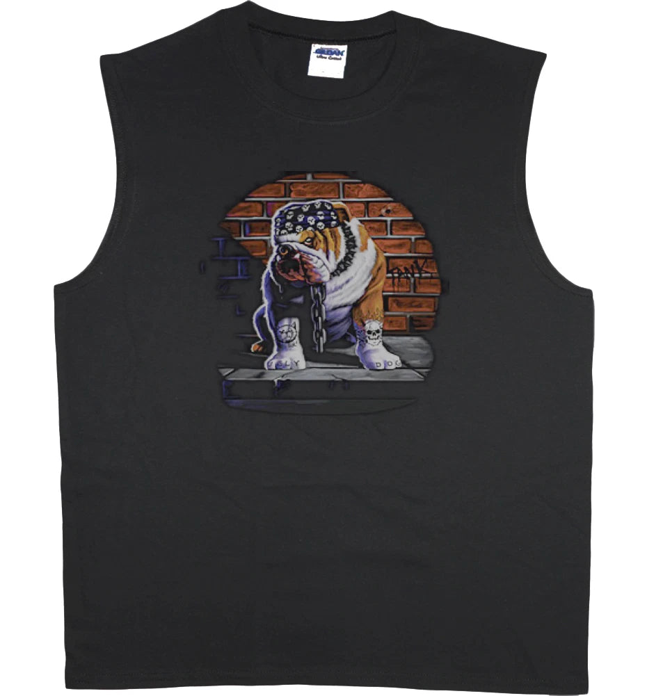 Men's sleeveless shirt biker bulldog design muscle tee tank top