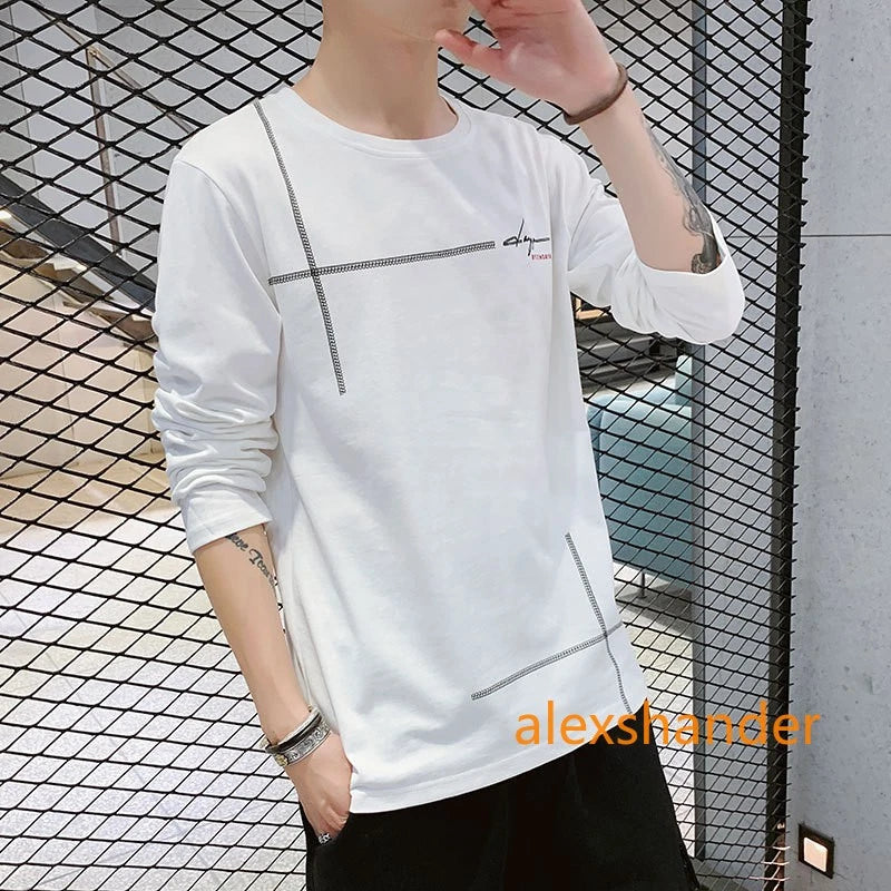 Men's Spring Long Sleeve Crewneck Cotton Fashion Casual Solid Color T-shirt Top