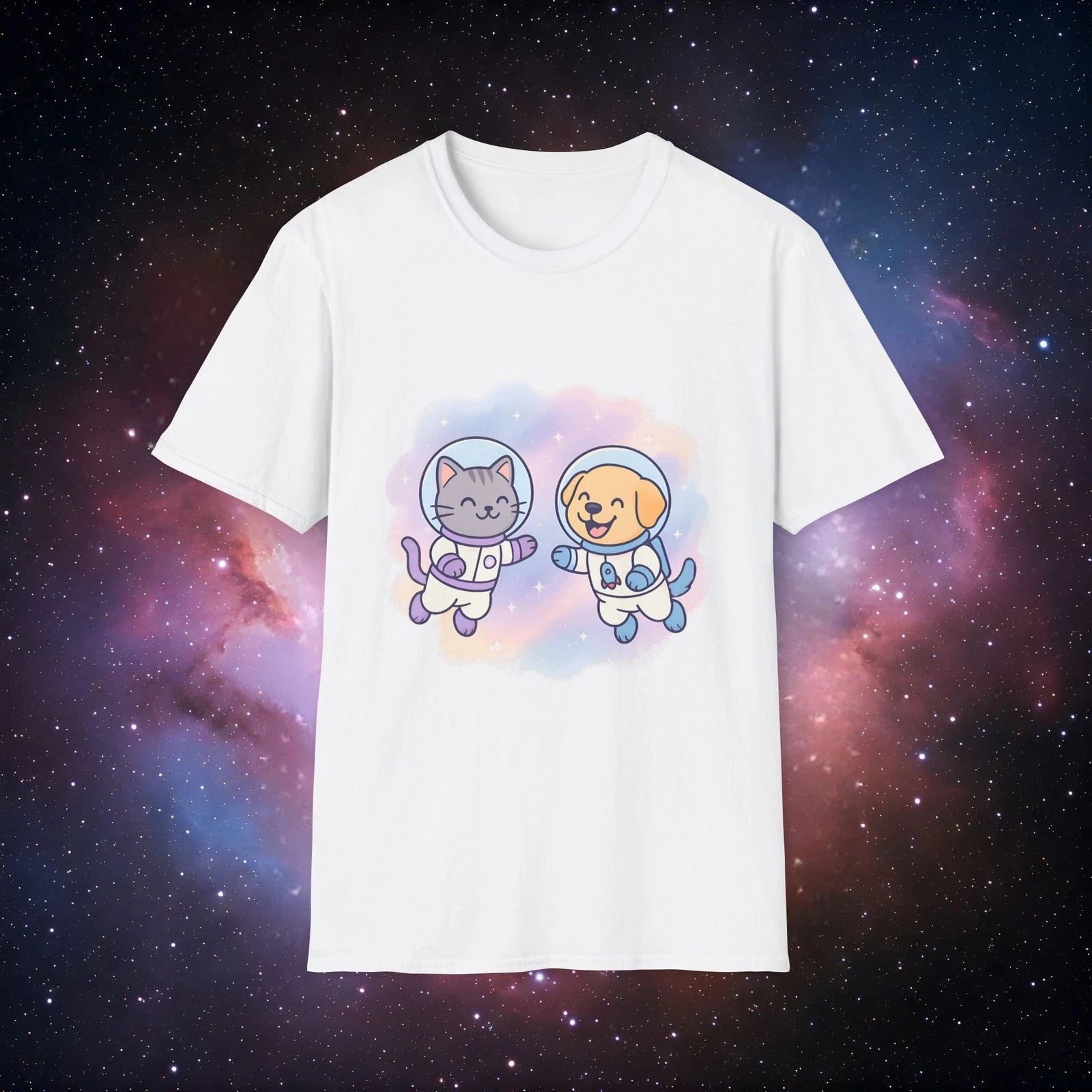 Space Buddies 2 Unisex Softstyle Tee - Cute Cat and Dog Design
