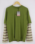 KICKERS MENS DOUBLE LAYER STRIPE TEE LONG SLEEVE T-SHIRT GREEN/CREAM/BROWN IB