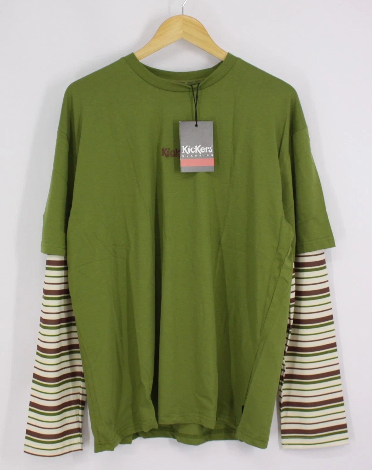 KICKERS MENS DOUBLE LAYER STRIPE TEE LONG SLEEVE T-SHIRT GREEN/CREAM/BROWN IB