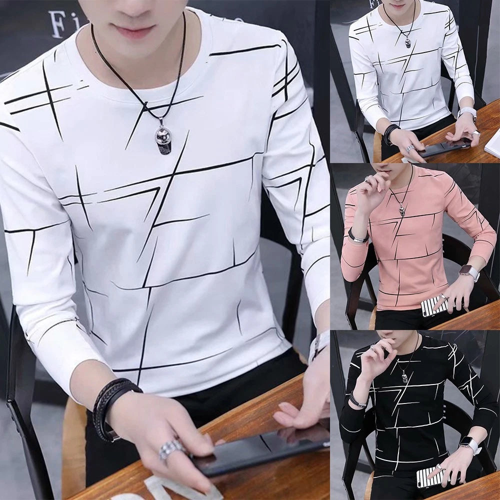 Unique Mens Crew Neck Print Long Sleeve Blouse T Shirt for Casual Fashion