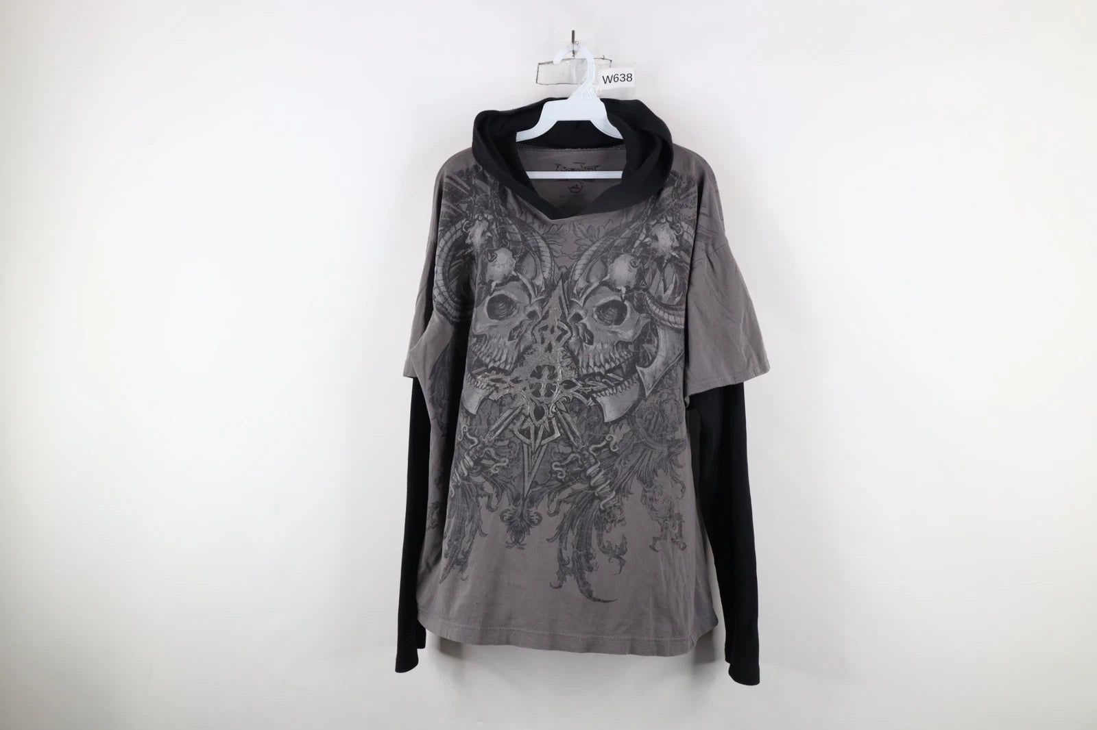 Vtg Y2K MMA Elite Mens XL Skeleton Skull Layered Thermal Knit Hoodie T-Shirt