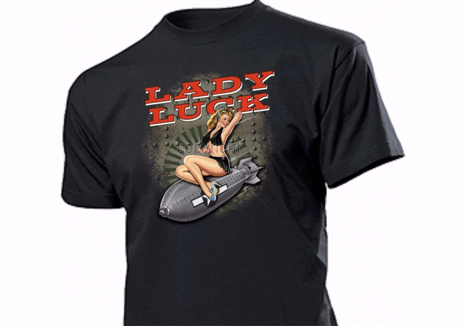 Lady Luck Riding Bomb US Army Pin Up Rockabilly Vintage Biker USA Nose Ar Shirt
