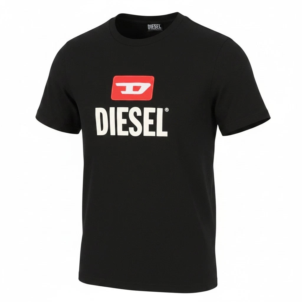 DIESEL T-Diego New D Logo Men T-Shirt 2XL Black Crew Neck Pull On Short Sleeve *