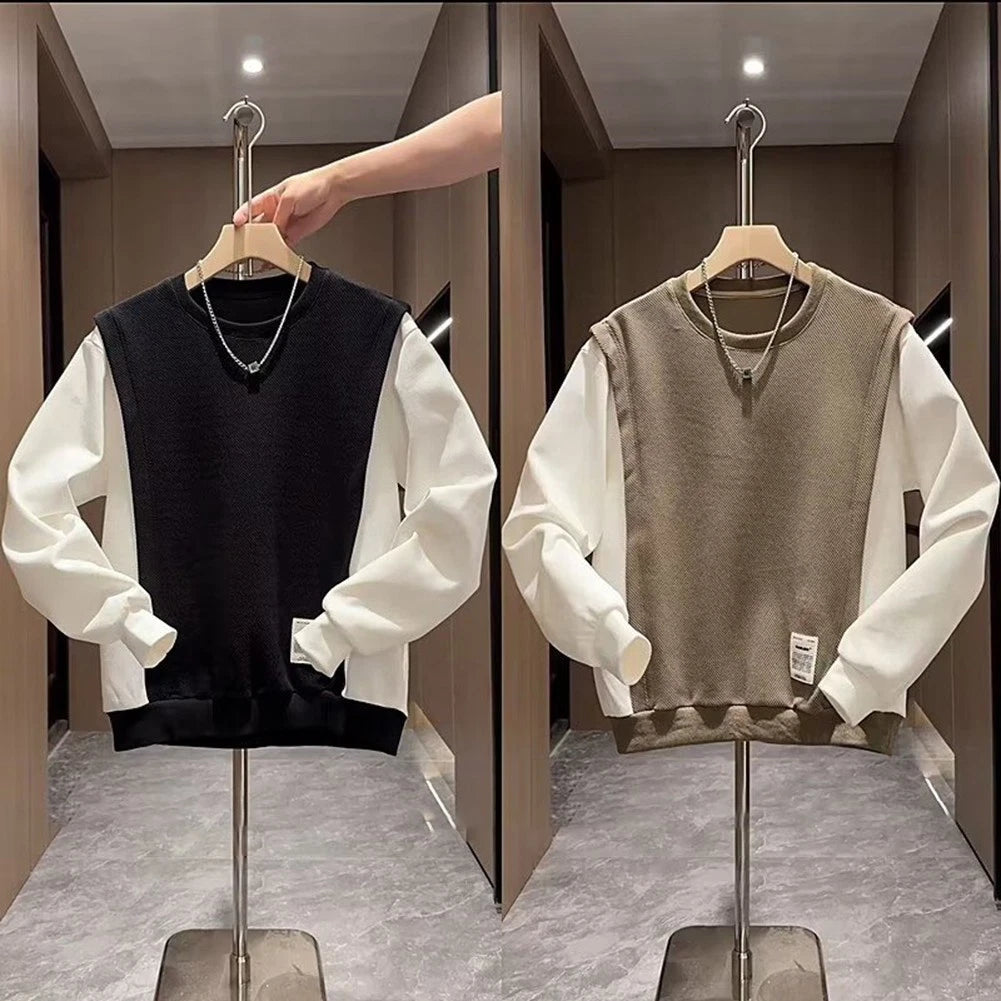 Men Stylish Spliced Contrast Fake Two Piece Round Neck Sweatshirt Pullover