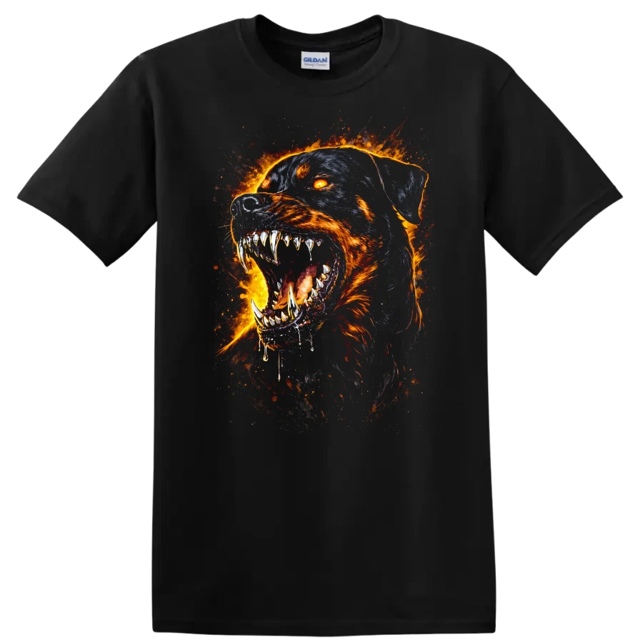 Fierce Rottweiler Fire Graphic T Shirt Cool Animal Lover Tee Design Art